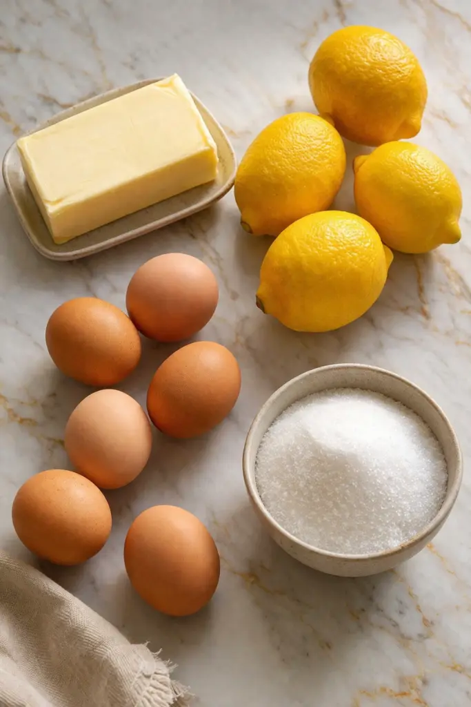 Fresh ingredients for Lemon Curd, including lemon zest