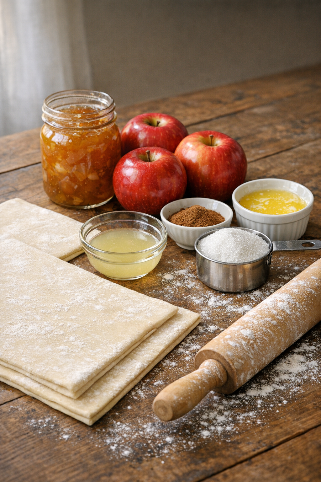 Ingredients for Apple Roses including puff pastry, fresh apples, cinnamon, and butter