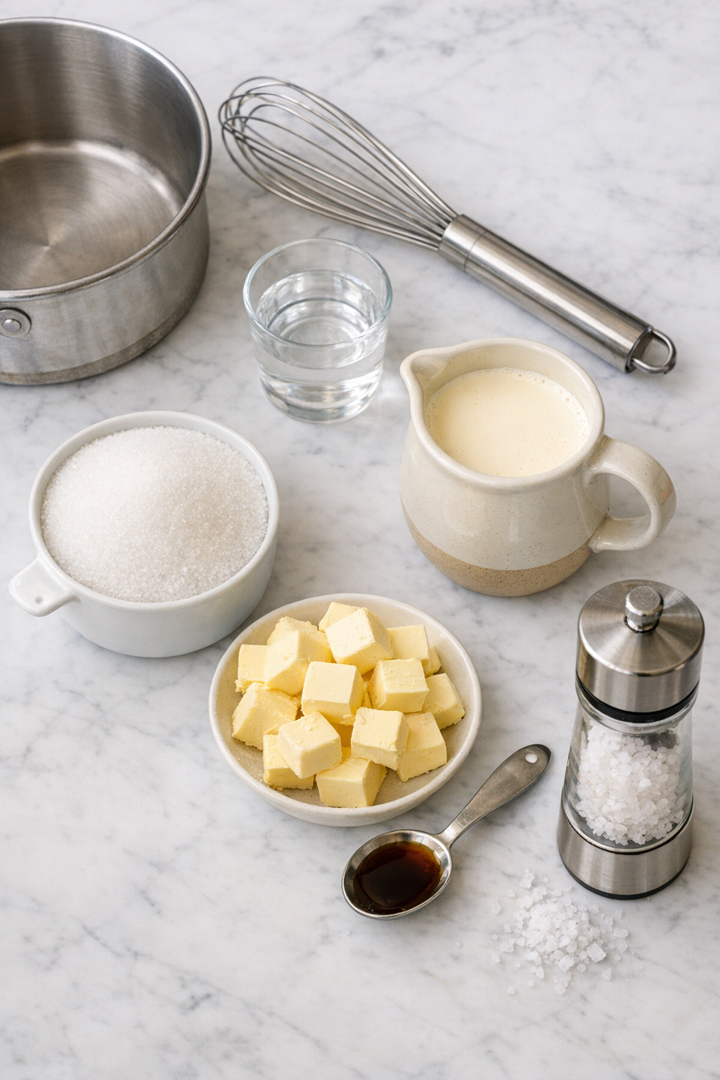 Ingredients for homemade caramel sauce with sugar, butter, cream, vanilla and salt
