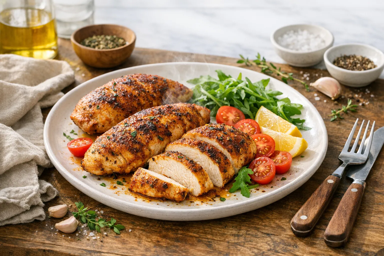 Baked chicken breast plated and served with side dishes