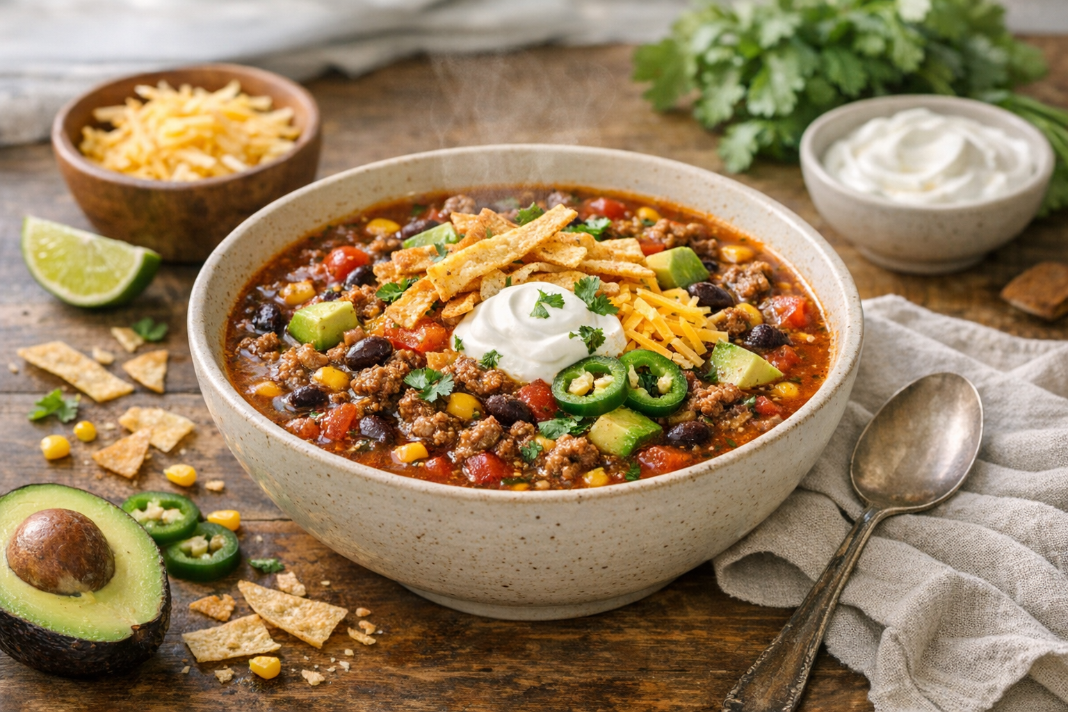 Taco Soup plated and served with side dishes