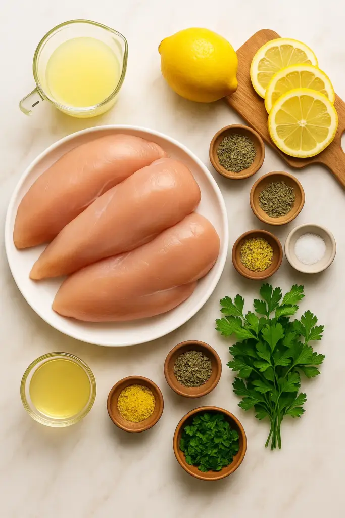 Fresh ingredients for Lemon Herb Baked Chicken, lemon, herbs