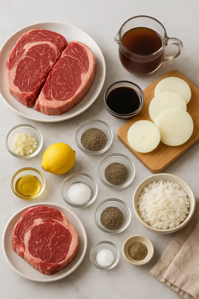 Fresh ingredients for Bistek Tagalog, ribeye and onions