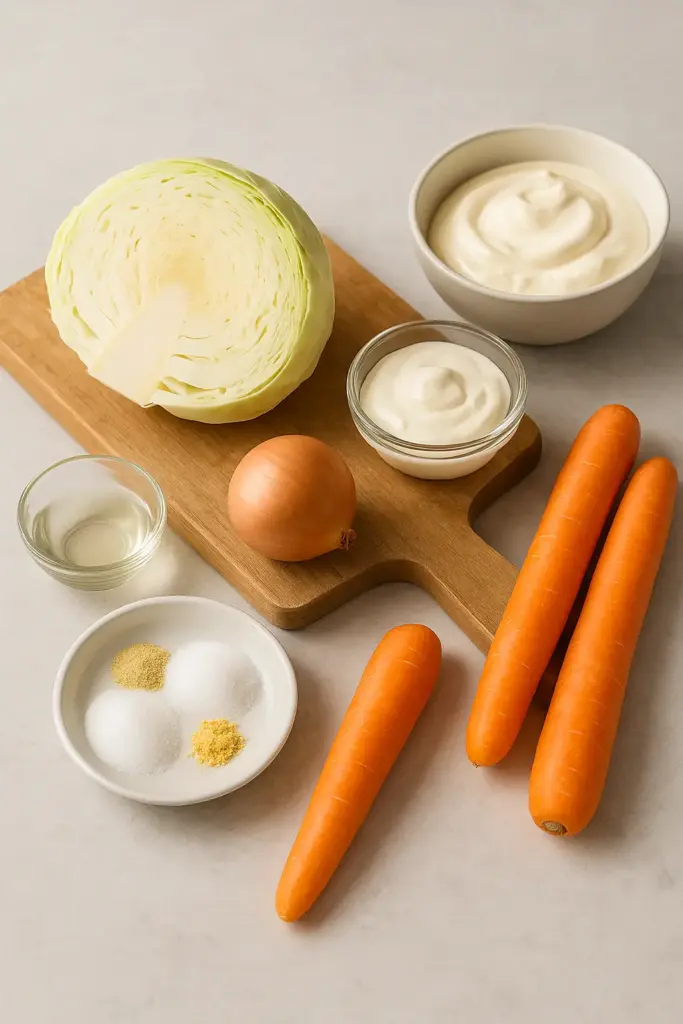 Fresh ingredients for coleslaw white cabbage carrots