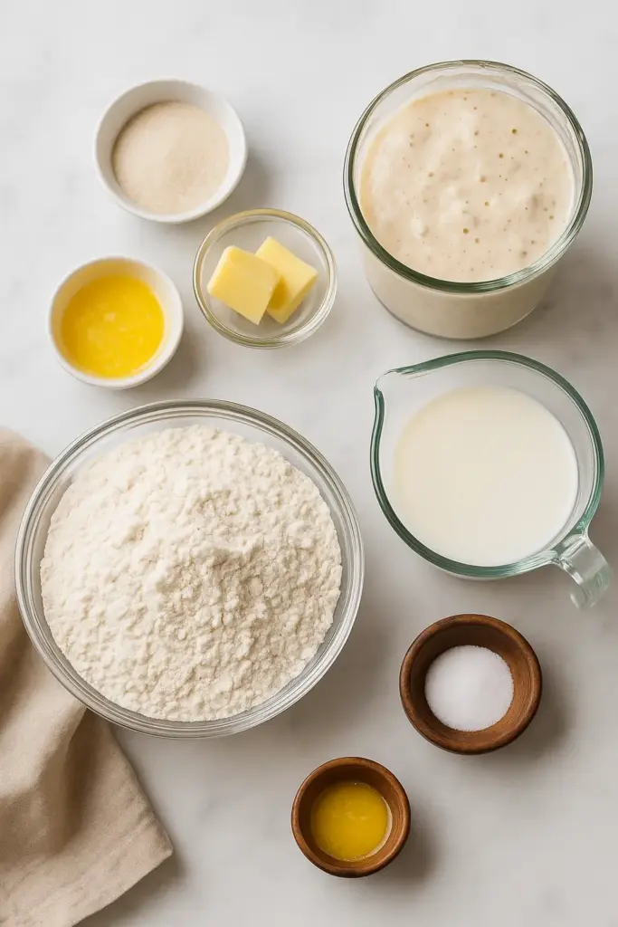 Fresh ingredients for Sourdough Dinner Rolls butter milk