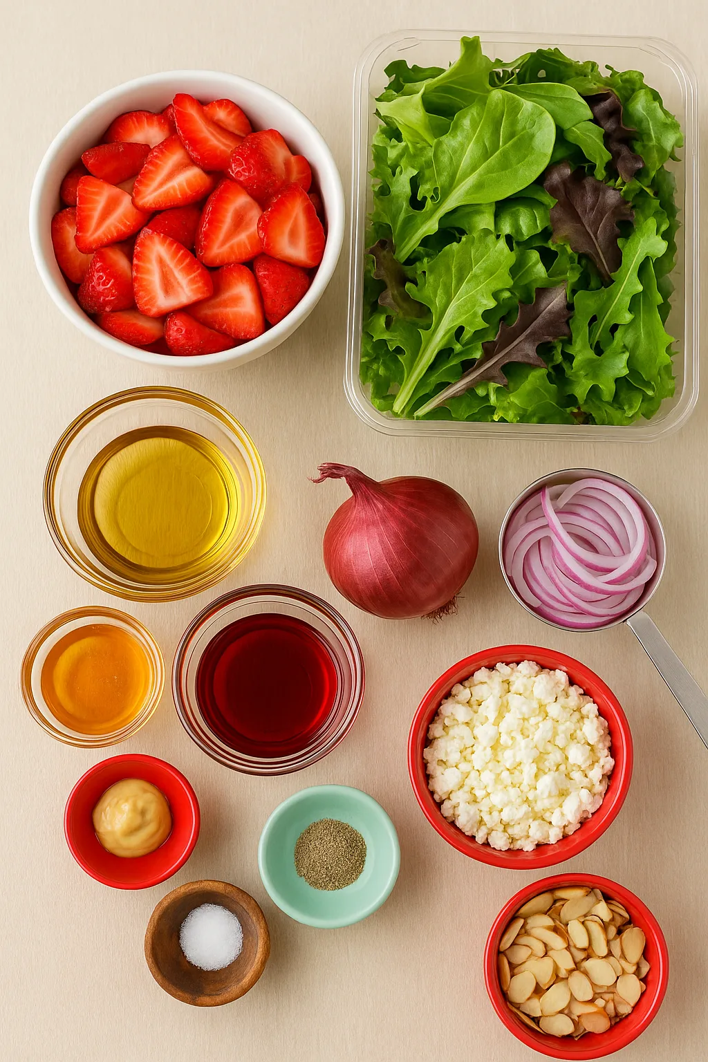 Ingredients for strawberry salad with honey vinaigrette