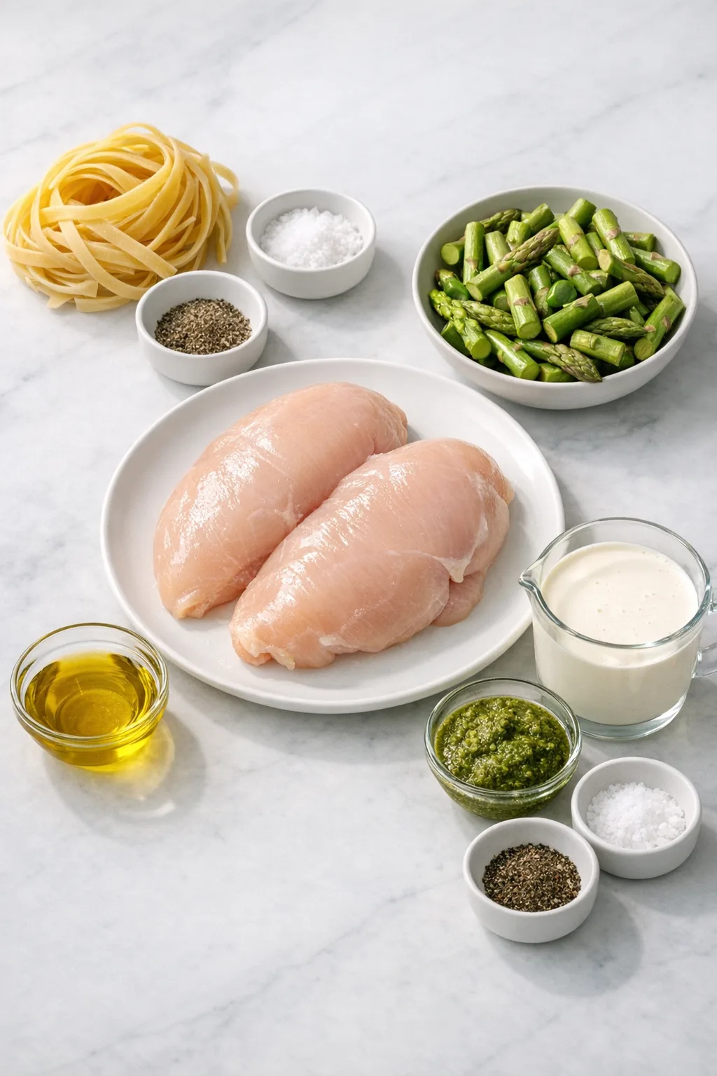 Ingredients for asparagus-chicken-pesto-pasta
