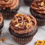 Chocolate Cupcakes with Peanut Butter Filling, Whipped Chocolate Ganache, and Crushed Pretzel