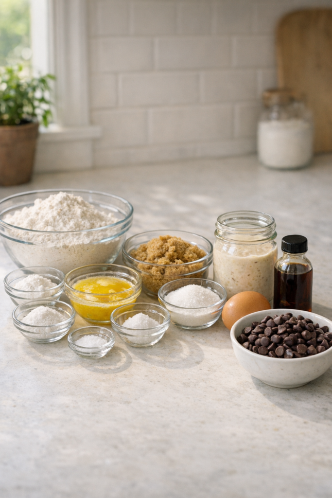 Ingredients for sourdough chocolate chip cookies