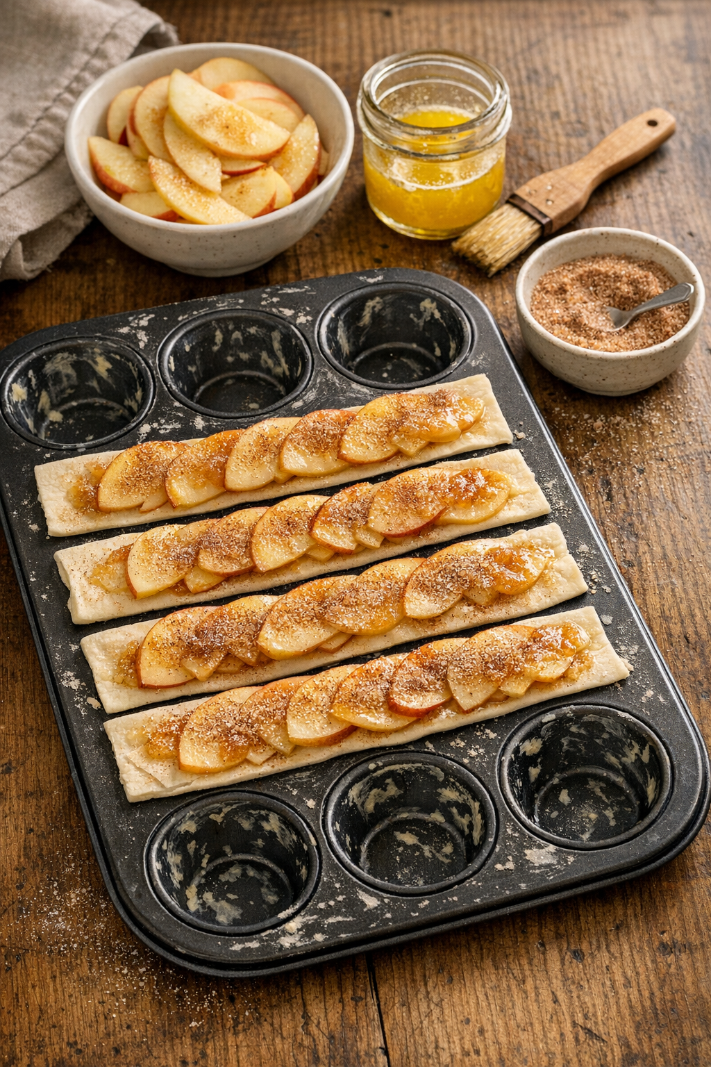 Step-by-step preparation of apple roses showing sliced apples arranged on puff pastry strips