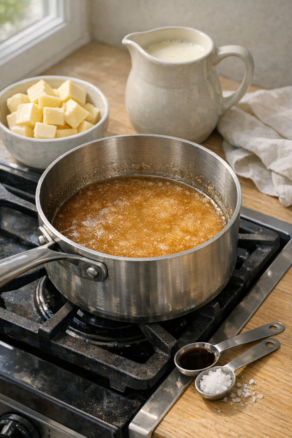 Step-by-step preparation of homemade caramel sauce in a saucepan