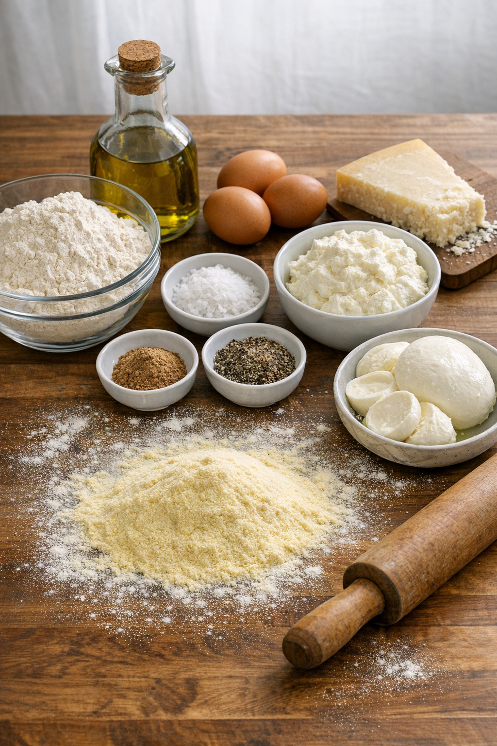 Ingredients for cheese ravioli including flour, eggs, ricotta, parmesan, and mozzarella