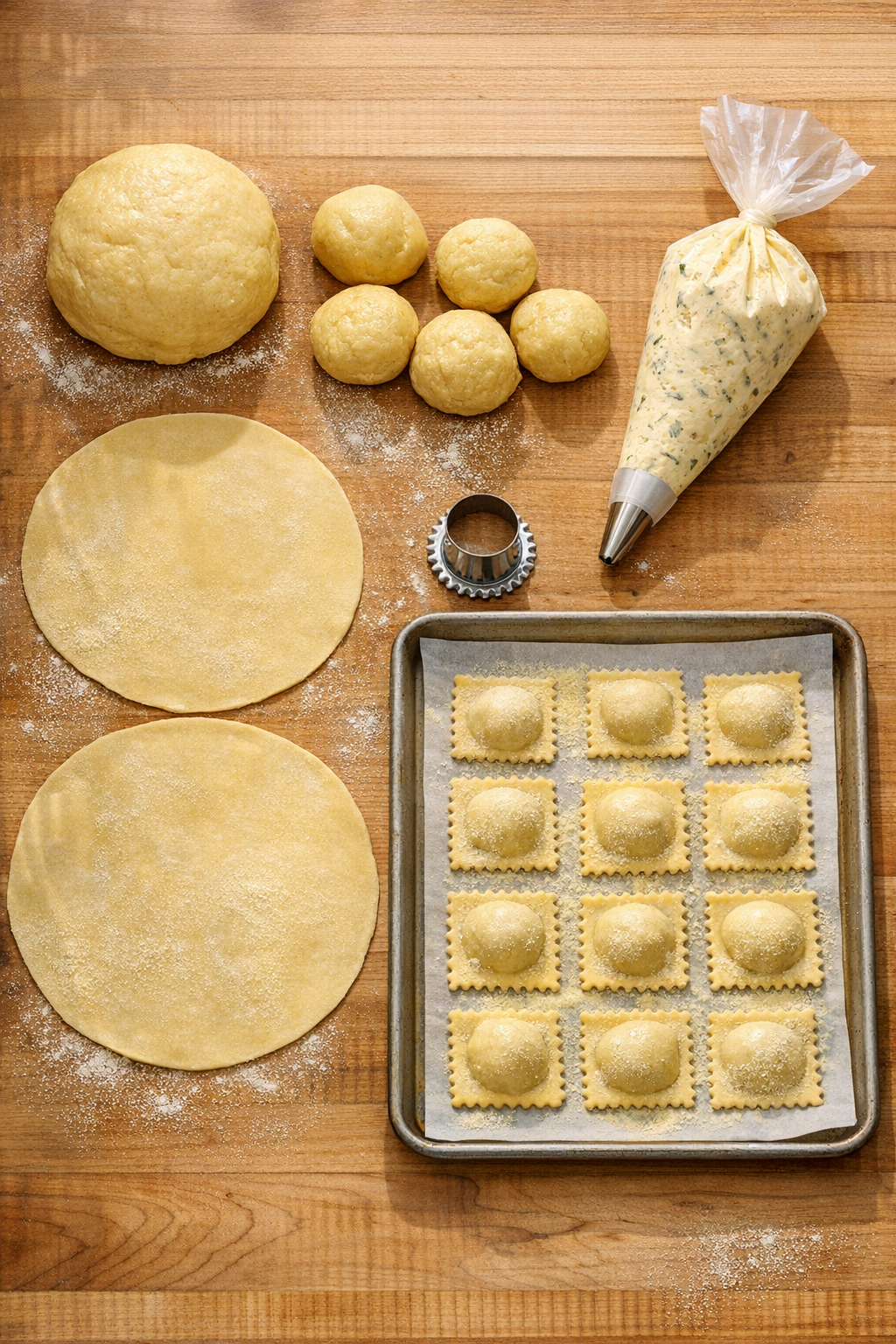 Step-by-step preparation of cheese ravioli showing pasta dough and filling