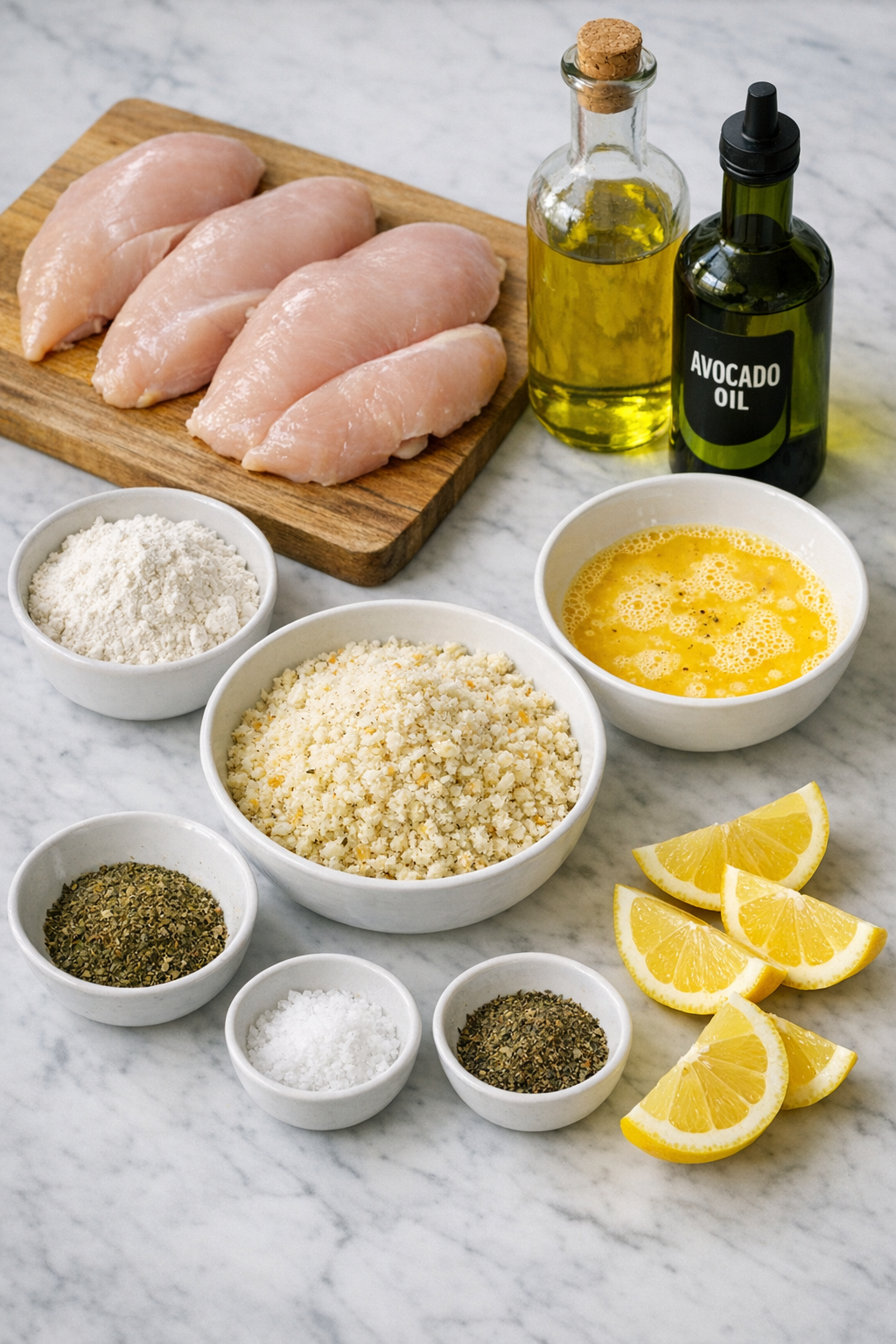 Ingredients for crispy breaded chicken cutlets including chicken breasts, panko breadcrumbs, parmesan cheese, eggs, and seasonings