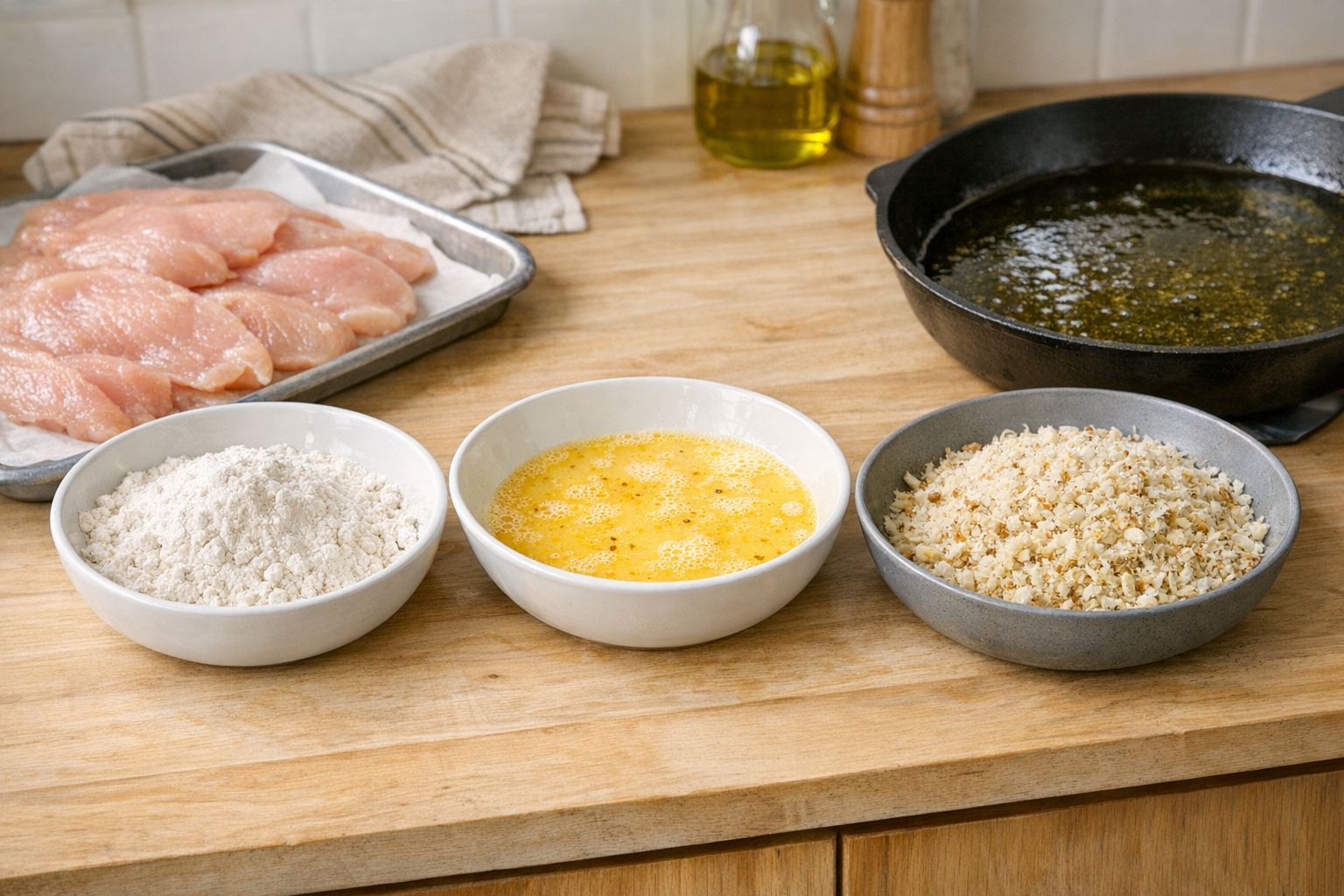 Step-by-step preparation of breaded chicken cutlets showing pounding, breading, and frying process