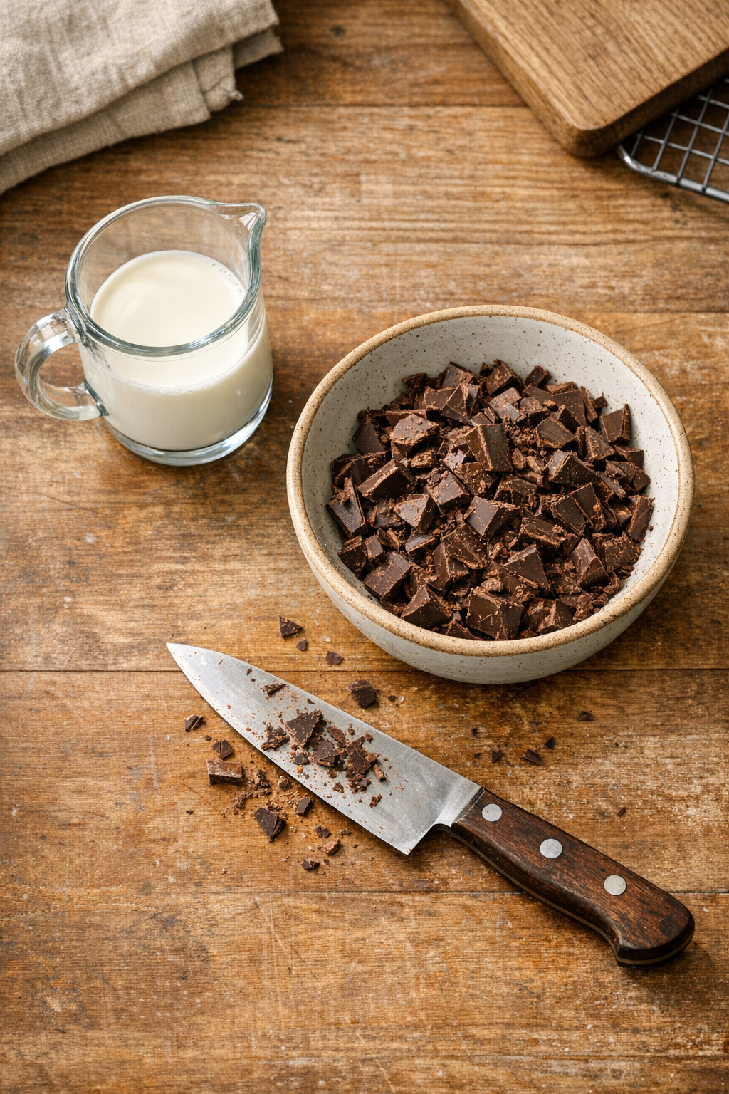 Ingredients for chocolate ganache including semi-sweet chocolate and heavy cream