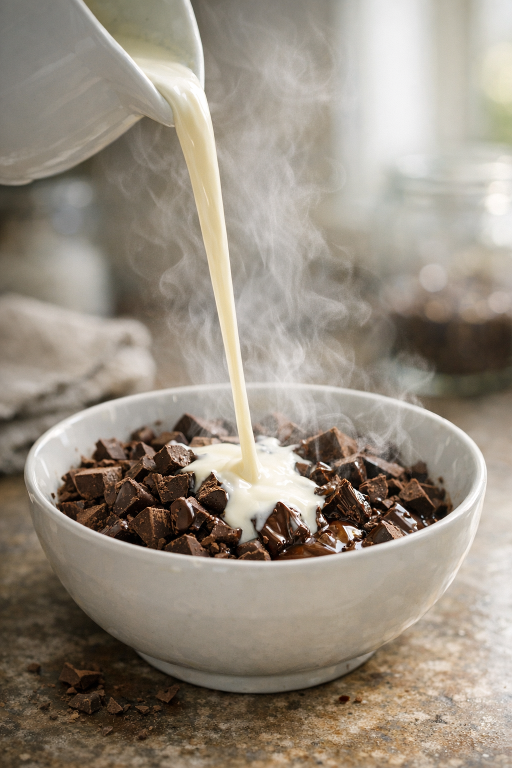 Step-by-step preparation of chocolate ganache showing melted chocolate and cream