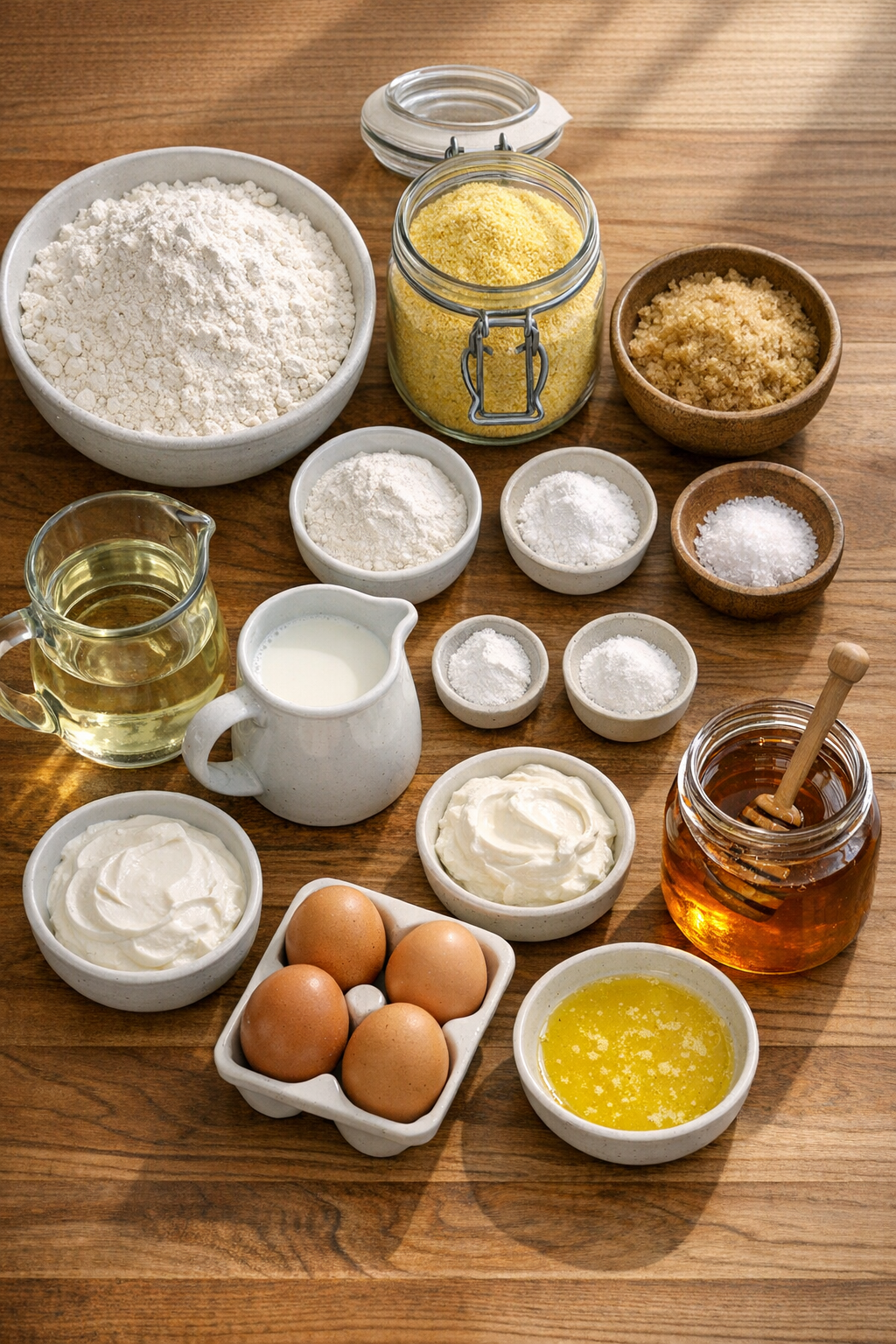Ingredients for cornbread recipe including flour, cornmeal, brown sugar, butter, and eggs
