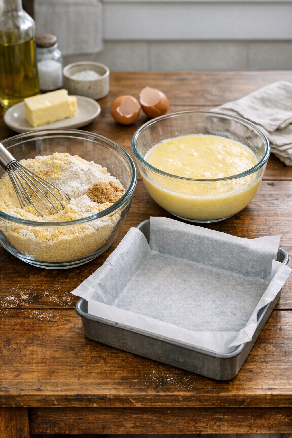 Step-by-step preparation of cornbread showing mixing bowls and batter