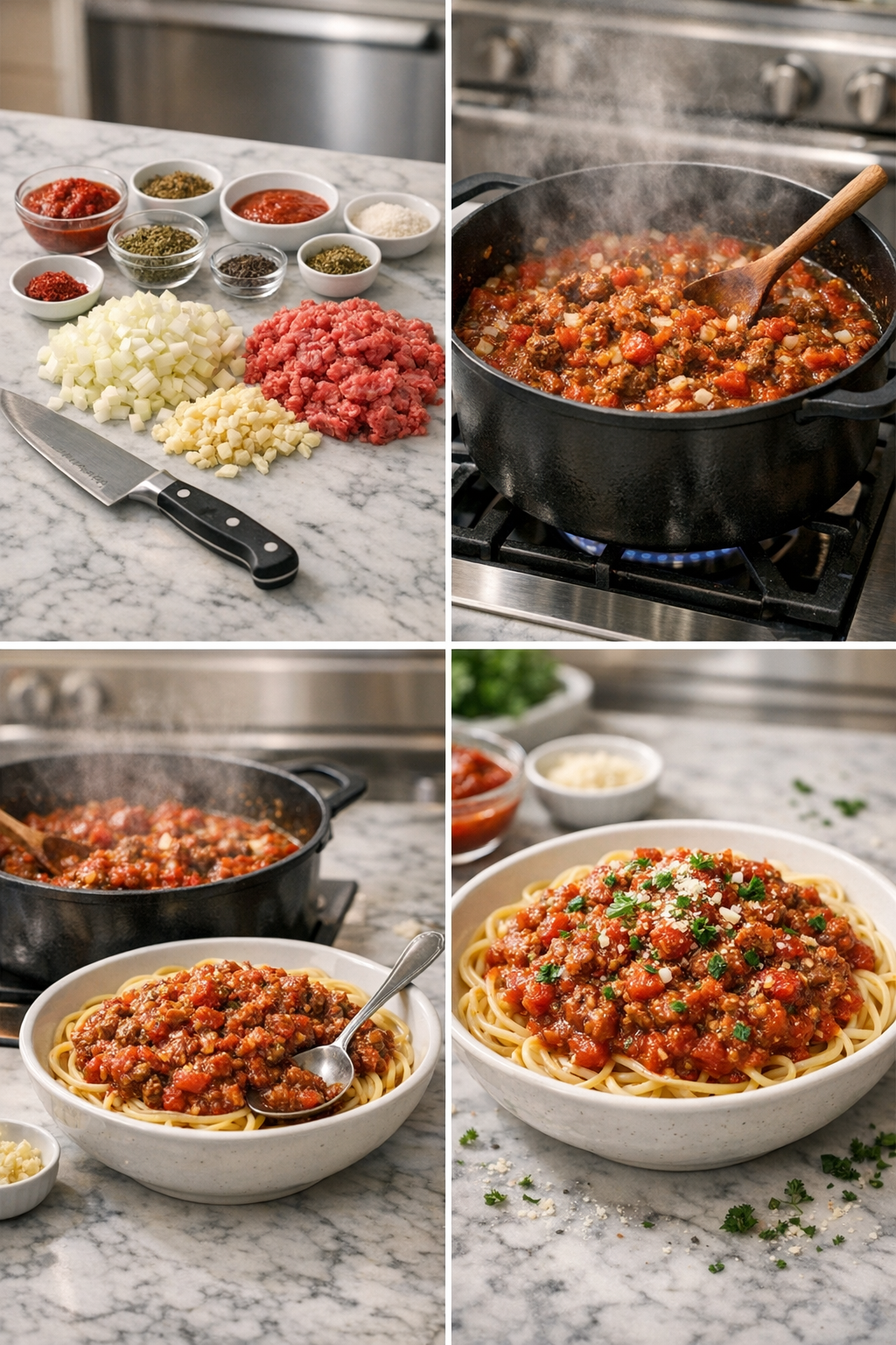 Step-by-step preparation of spaghetti meat sauce
