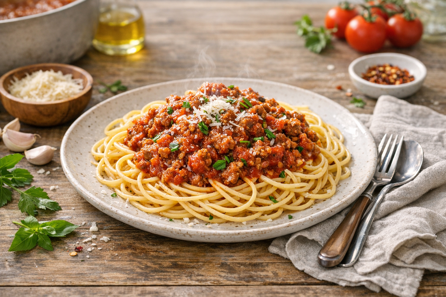 Spaghetti meat sauce plated and served with side dishes