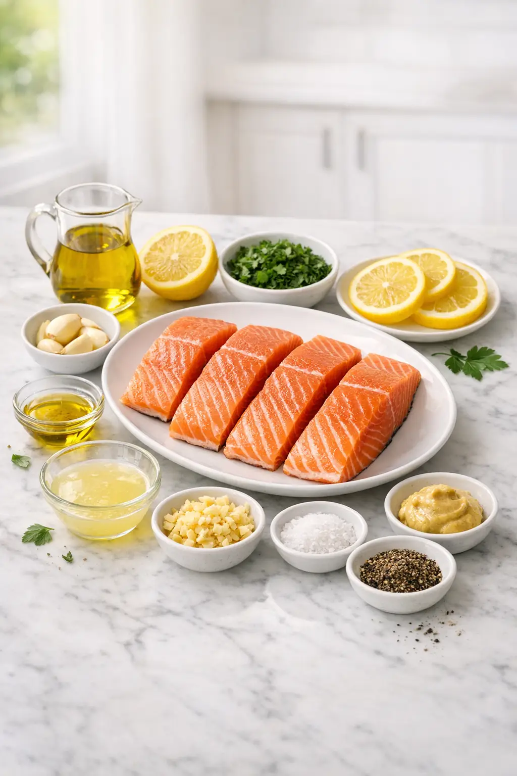 Ingredients for baked salmon with garlic and Dijon mustard
