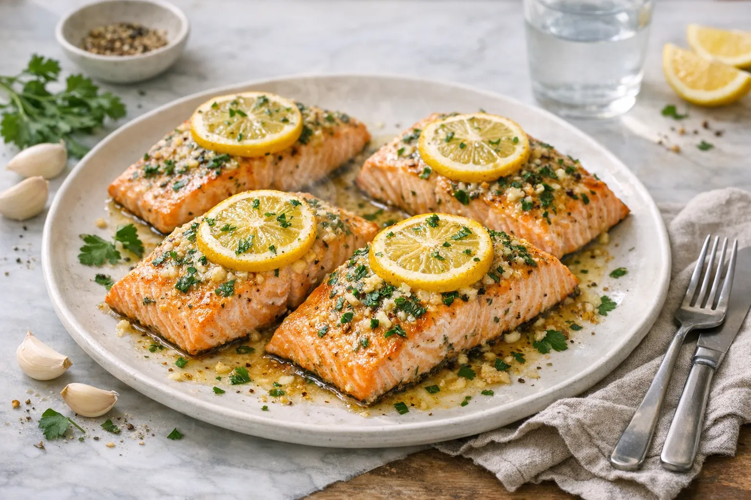 Baked salmon plated and served with side dishes
