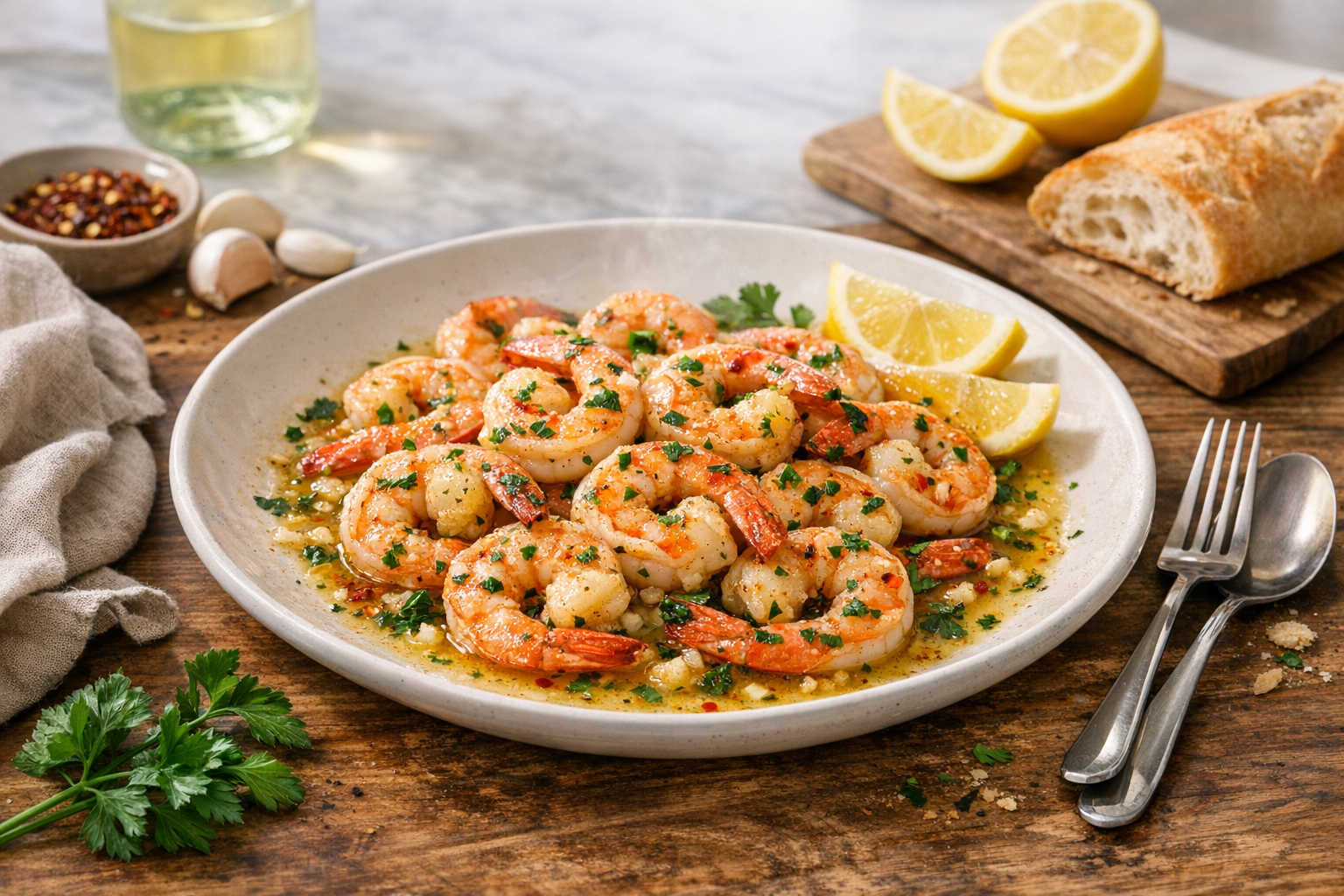 Shrimp scampi plated and served with side dishes