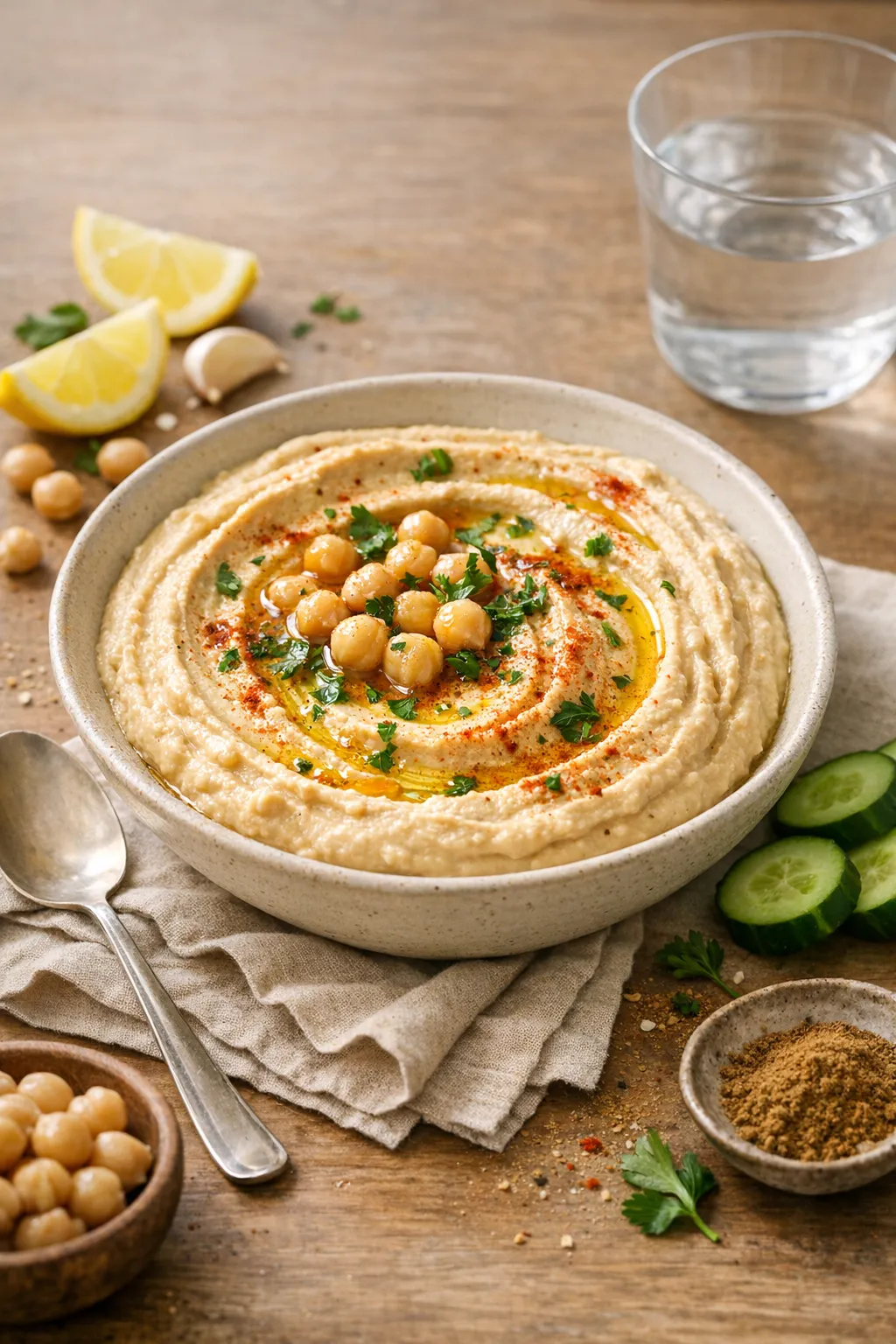 Homemade hummus plated and served with side dishes